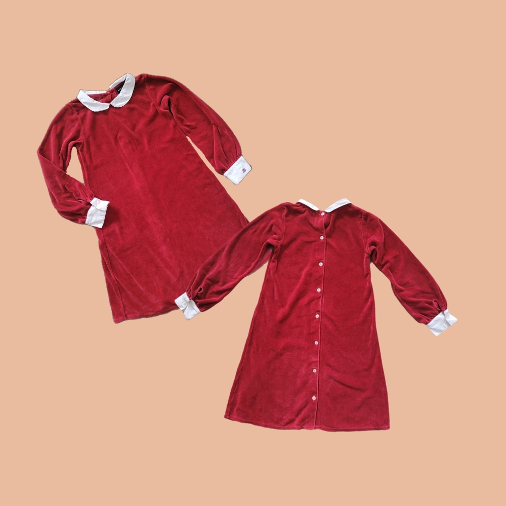 Ralph Lauren Girls' Red Velour Peter Pan Collar Button Back Dress 6Y